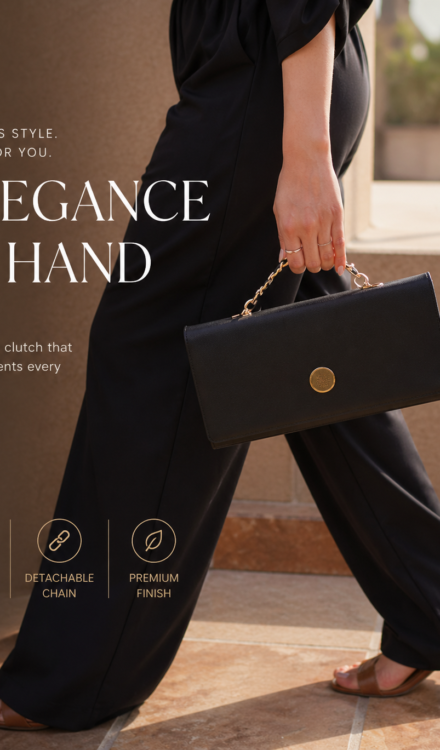 Black rectangular clutch with a gold chain strap